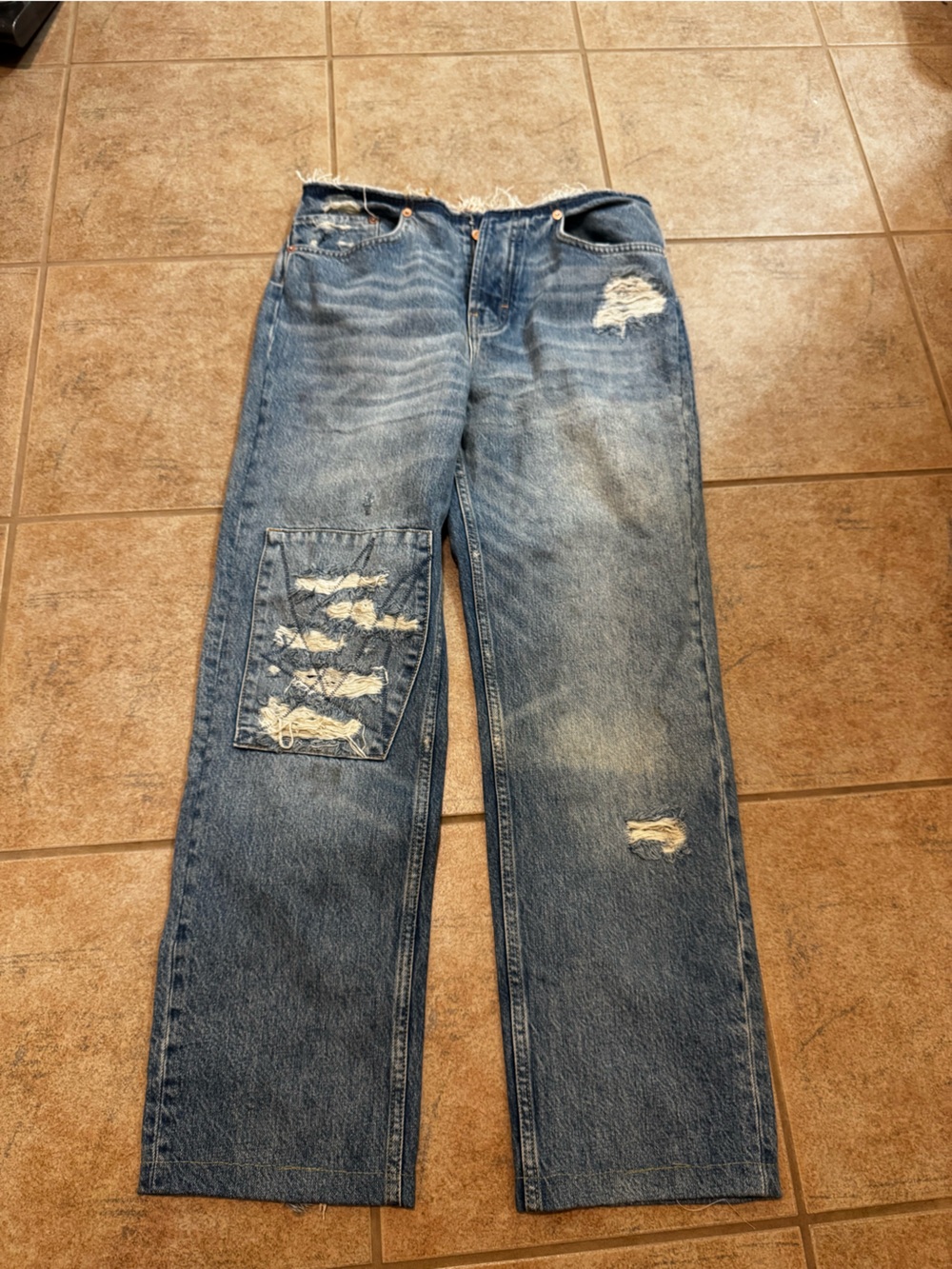 We The Free Faded Blue Distressed Patch Bootcut Jeans